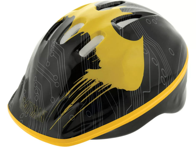Black and yellow Batman kids safety helmet with printed circuit style pattern and bold Batman emblem