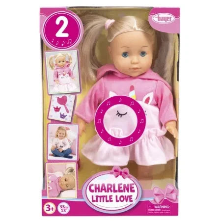 Bayer Charlene Little Love doll shown in front of pink box packaging