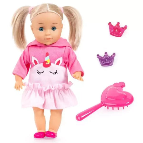 Bayer Charlene Little Love doll in pink dress with two crown clips and pink brush