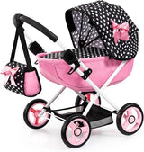 Bayer Design Dolls Pram Cosy pink doll pram front angle with black polka dot hood and shoulder bag