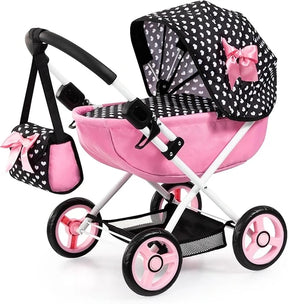 Bayer Design Dolls Pram Cosy pink doll pram front angle with black polka dot hood and shoulder bag