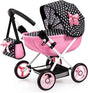 Bayer Design Dolls Pram Cosy pink doll pram front angle with black polka dot hood and shoulder bag