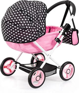 Bayer Design Dolls Pram Cosy pink doll pram rear angle with black polka dot hood and handle