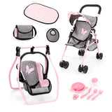 Full Bayer dolls buggy set showing stroller, cradle, bag, bib, mat, and small feeding accessories arranged on a white background