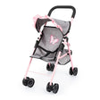 Grey and pink doll buggy with butterfly design, ruffled canopy, and double wheels shown against a plain white background