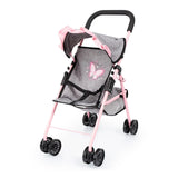 Grey and pink doll buggy with butterfly design, ruffled canopy, and double wheels shown against a plain white background