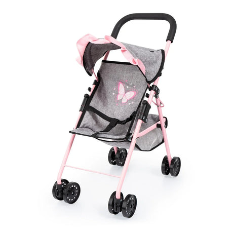 Grey and pink doll buggy with butterfly design, ruffled canopy, and double wheels shown against a plain white background