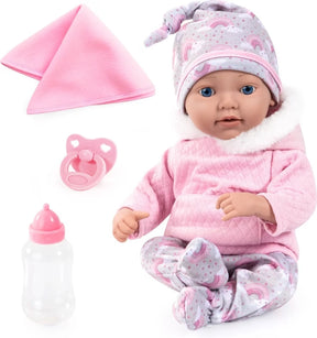 Bayer Reborn baby doll in pink outfit with blanket, dummy and bottle
