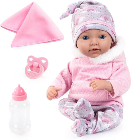 Bayer Reborn baby doll in pink outfit with blanket, dummy and bottle