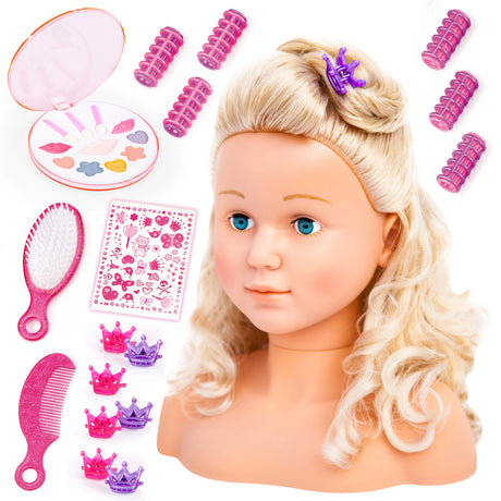 Bayer Super Model doll styling head with brush, comb, curlers, crown clips and make-up palette