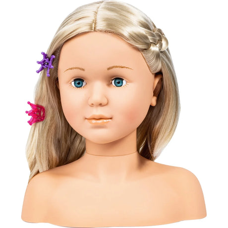 Bayer Super Model doll styling head with blonde hair and pink and purple hair clips