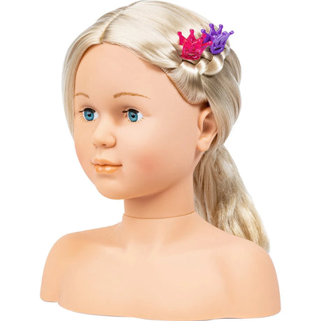 Bayer Super Model doll styling head with blonde side braid and pink and purple crown clips