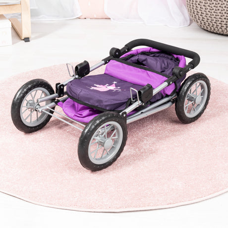Bayer Trendy doll pram folded flat with purple fabric and large wheels