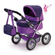Bayer Trendy doll pram in purple with hood up, shoulder bag attached and storage basket underneath