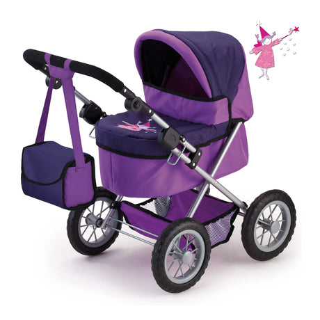 Bayer Trendy doll pram in purple with hood up, shoulder bag attached and storage basket underneath