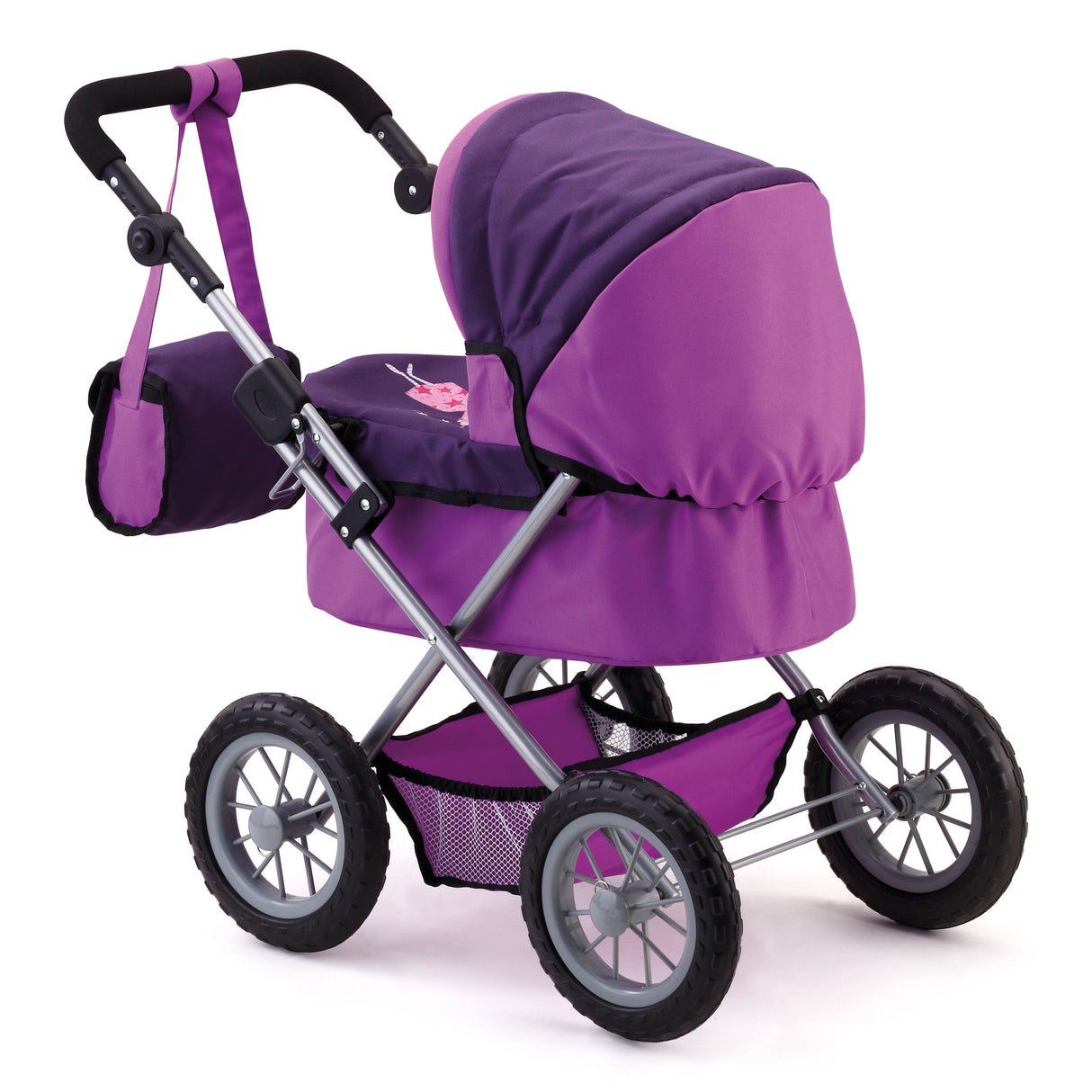 Bayer Trendy doll pram in purple from the rear with hood up, shoulder bag attached and storage basket underneath