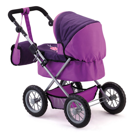 Bayer Trendy doll pram in purple from the rear with hood up, shoulder bag attached and storage basket underneath