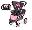 Black and pink heart patterned Bayer Twin Star doll pram with matching bag shown on white background