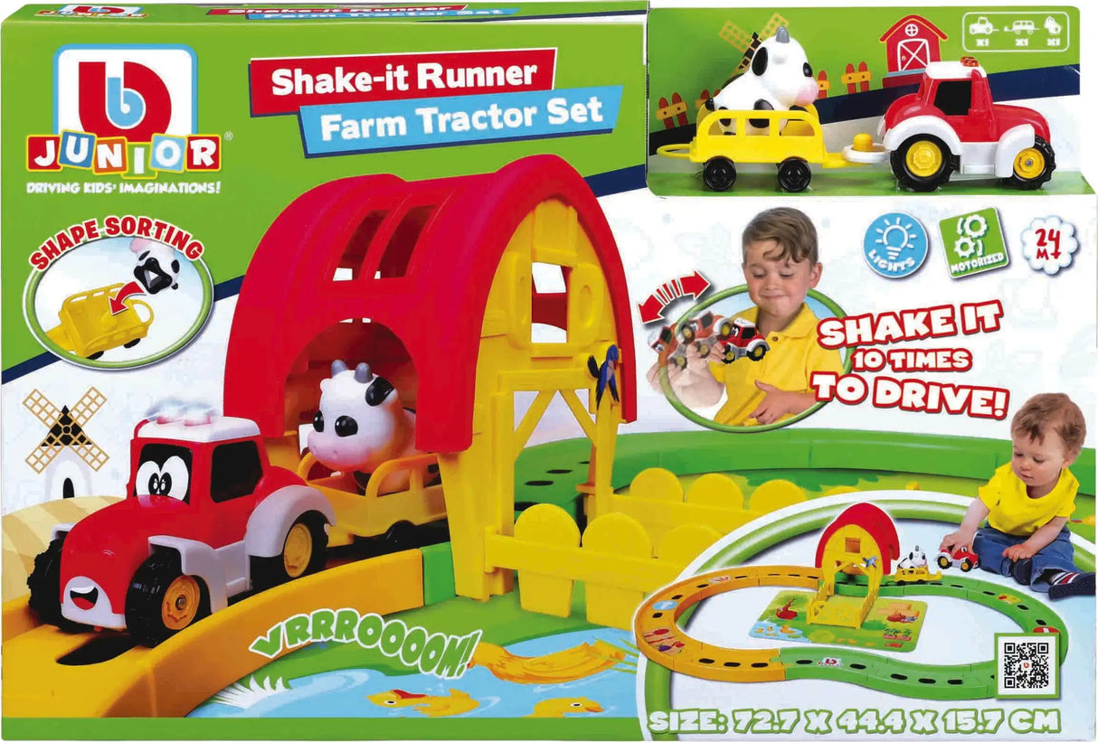 BB Junior Shake-It Runner Farm Tractor Set box showing a red tractor, yellow trailer, cow, barn and track