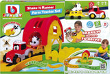 BB Junior Shake-It Runner Farm Tractor Set box showing a red tractor, yellow trailer, cow, barn and track