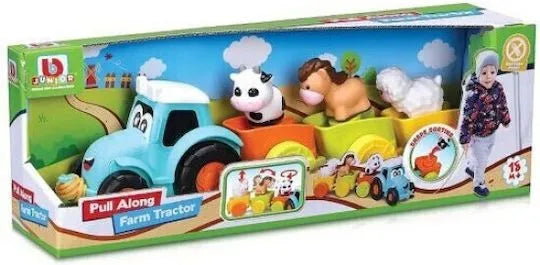 Bburago BB Junior Farm Tractor Pull Along box showing a blue tractor, three trailers, cow, horse and sheep
