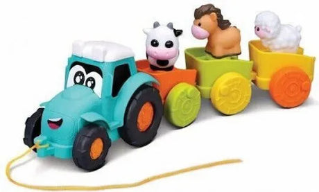 Bburago BB Junior Farm Tractor Pull Along showing a blue tractor, three trailers, cow, horse and sheep 