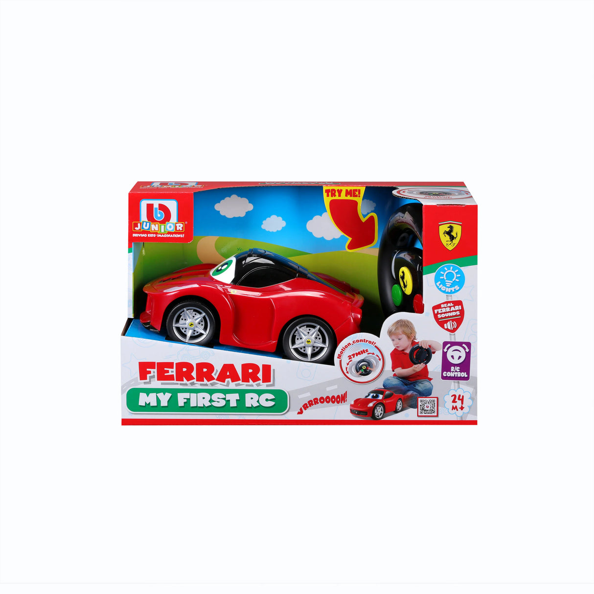 Bburago BB Junior Ferrari My First RC LaFerrari box front showing a red car and steering wheel controller