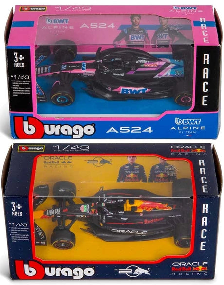 Bburago Alpine and Red Bull Formula 1 model cars shown in boxed packaging