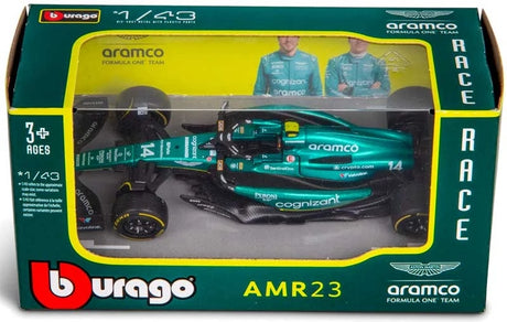 Bburago Aston Martin AMR23 Formula 1 model car shown in green front packaging