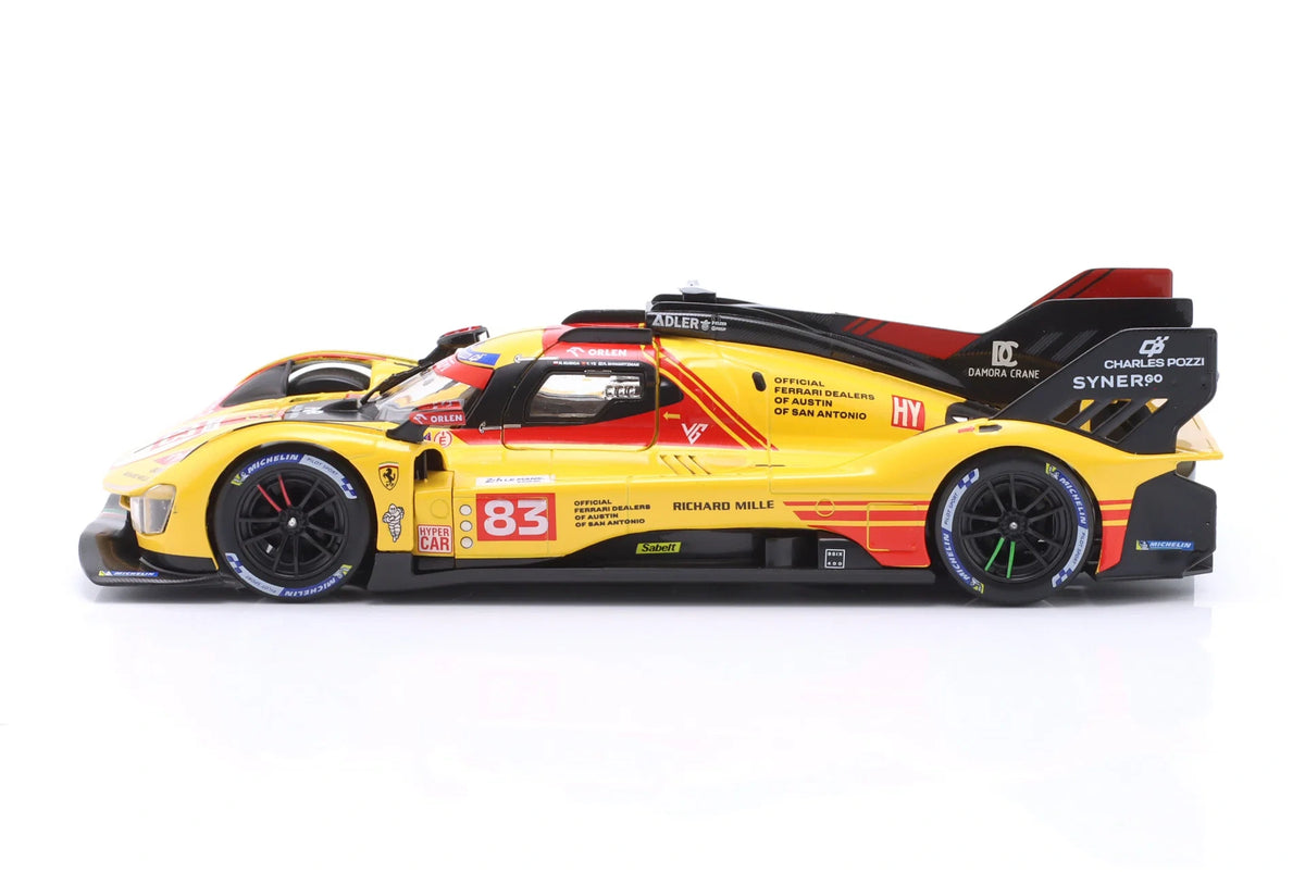 Bburago Ferrari 499P #83 2024 side profile showing yellow AF Corse racing livery
