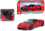 Bburago Ferrari SF90 Stradale with retail packaging and inset view of open door
