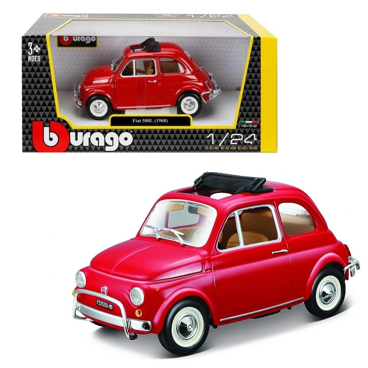 Bburago Fiat 500L 1968 red model with 1:24 retail packaging