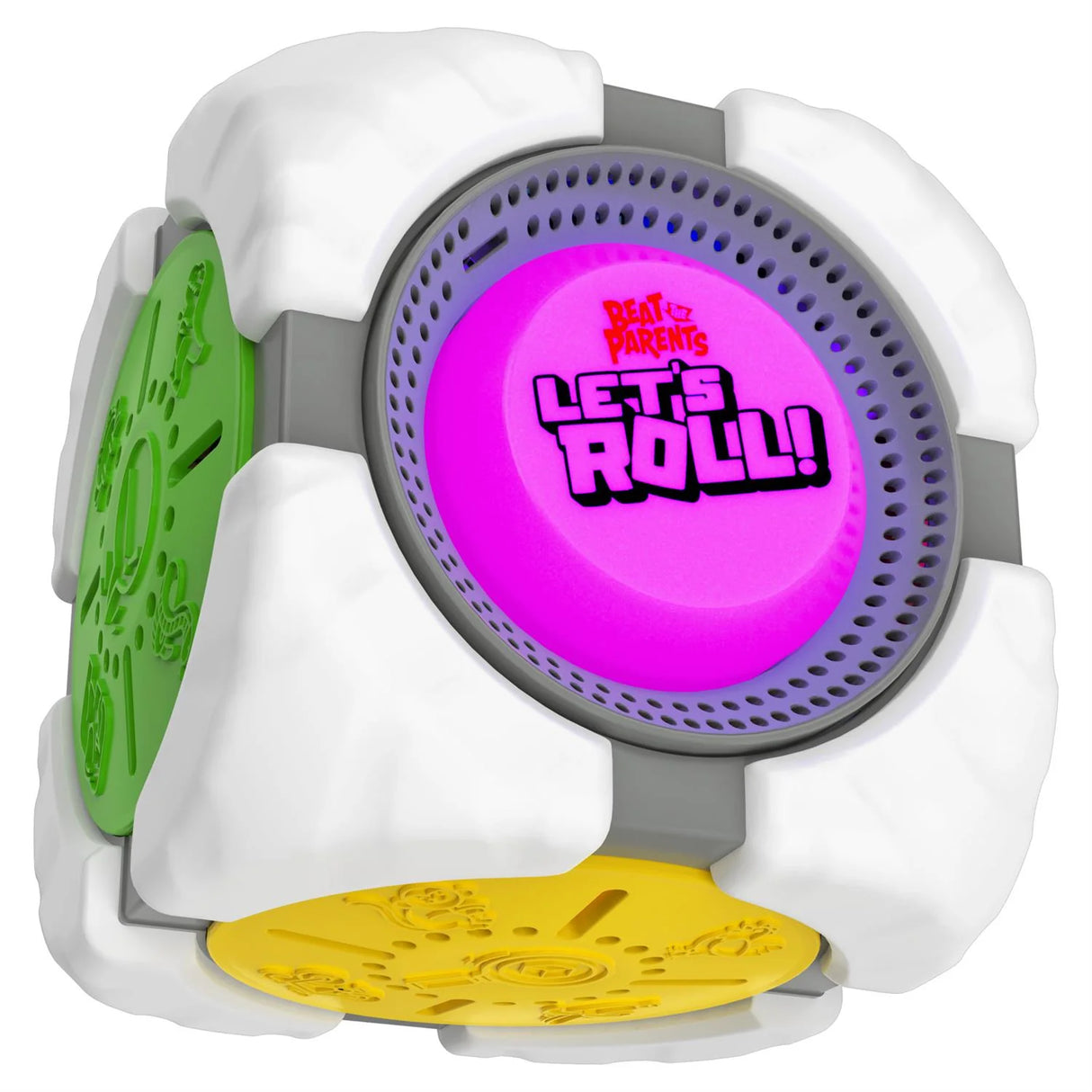 Beat the Parents Let’s Roll cube lit up with glowing LED lights and Let’s Roll logo during play