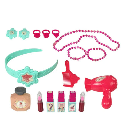 Accessories for the beauty vanity table including toy jewellery pretend makeup comb hair dryer and bottles