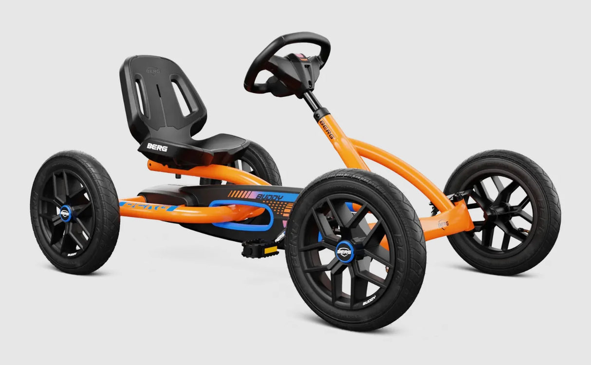 BERG Buddy B-Orange go-kart angled view with black seat and orange frame – Ireland