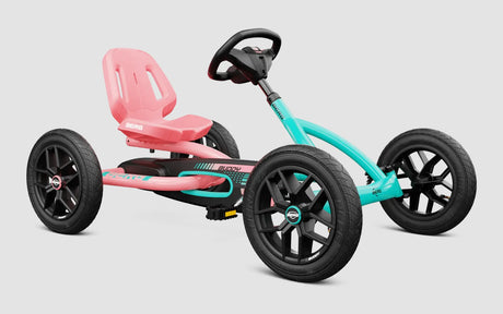 BERG Buddy Lua pink and teal go-kart angled front and seat design – Ireland