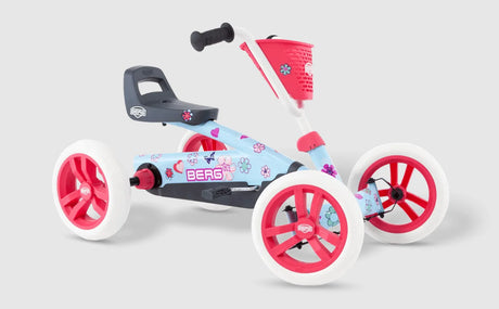 BERG Buzzy Bloom go-kart angled view with flower graphics and basket – Ireland