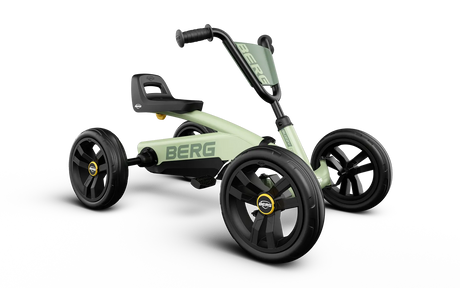 BERG Buzzy Green pedal go-kart shown from an angled front view with black wheels and green frame