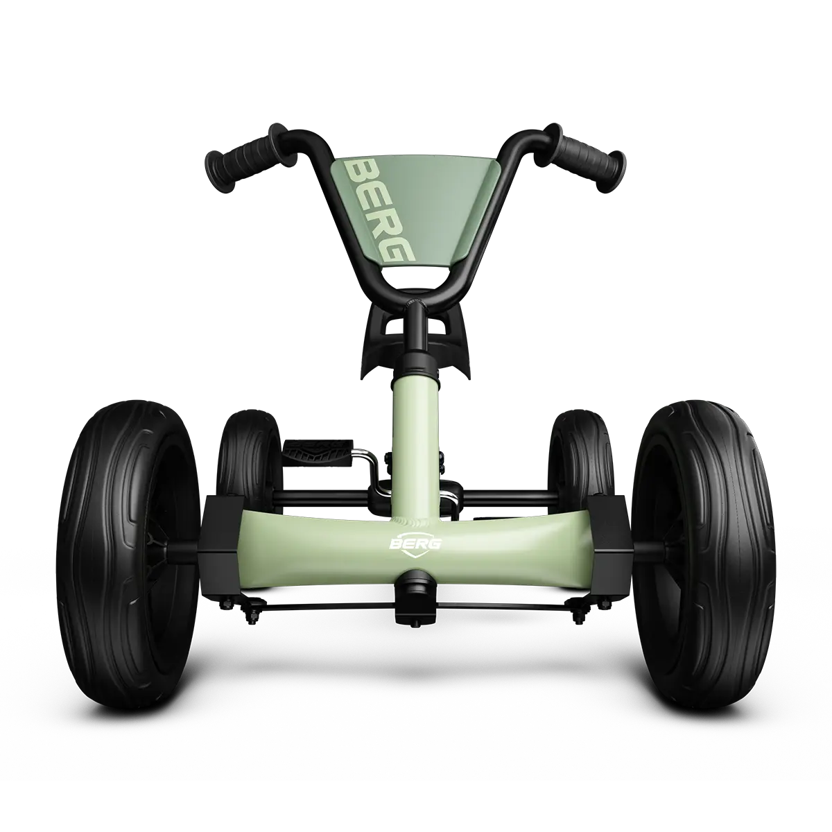 Front view of the BERG Buzzy Green pedal go-kart showing the steering wheel, front frame and black wheels