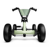 Front view of the BERG Buzzy Green pedal go-kart showing the steering wheel, front frame and black wheels
