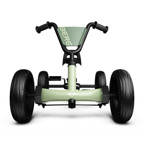 Front view of the BERG Buzzy Green pedal go-kart showing the steering wheel, front frame and black wheels