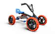 BERG Buzzy Nitro pedal go-kart with blue seat, black frame and orange wheels shown from an angled front view