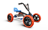 BERG Buzzy Nitro pedal go-kart with blue seat, black frame and orange wheels shown from an angled front view
