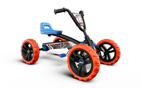 BERG Buzzy Nitro pedal go-kart with blue seat, black frame and orange wheels shown from an angled front view