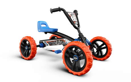 BERG Buzzy Nitro pedal go-kart with blue seat, black frame and orange wheels shown from an angled front view