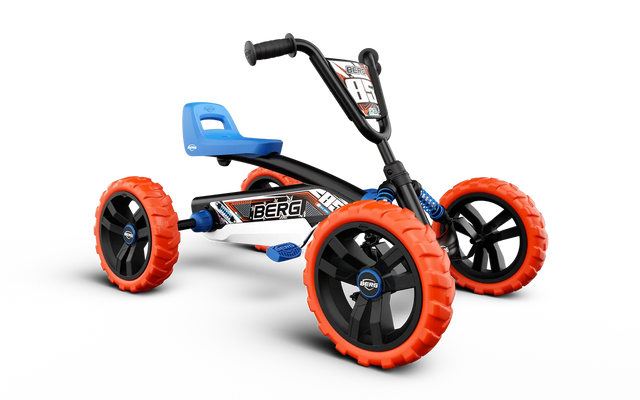 BERG Buzzy Nitro pedal go-kart with blue seat, black frame and orange wheels shown from an angled front view