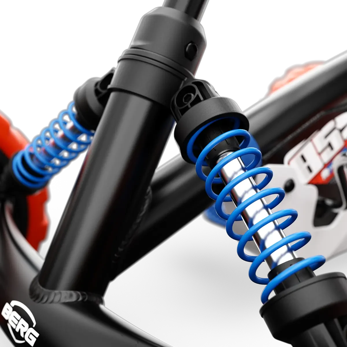 Close-up of blue front springs and black steering column on BERG Buzzy Nitro pedal go-kart