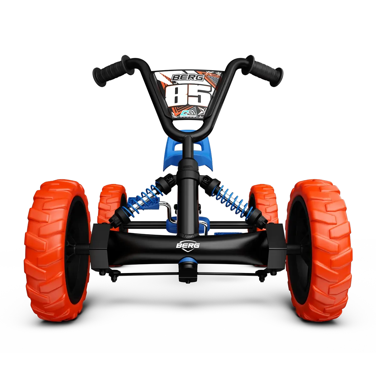 Front view of BERG Buzzy Nitro pedal go-kart with black steering wheel, blue frame and orange wheels