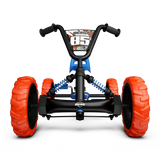 Front view of BERG Buzzy Nitro pedal go-kart with black steering wheel, blue frame and orange wheels