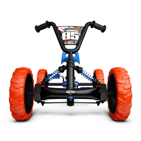 Front view of BERG Buzzy Nitro pedal go-kart with black steering wheel, blue frame and orange wheels